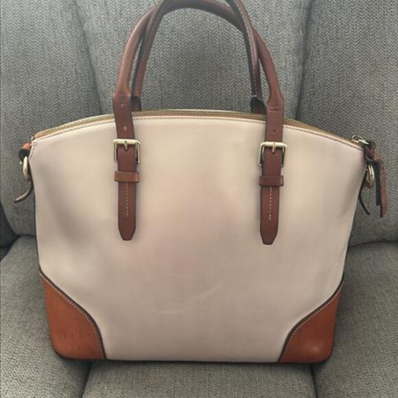 Share Dooney & Bourke Zip Top Satchel – Taupe & Tan Leather – Shoulder Strap Inc - Picture 2 of 6